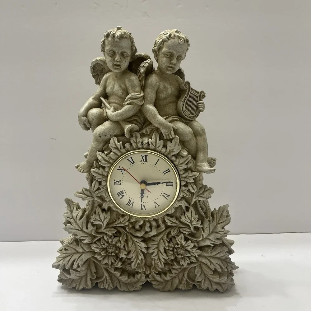 Vintage Cherub Mantle Clock Resin Quartz Beige 11.75x8.5